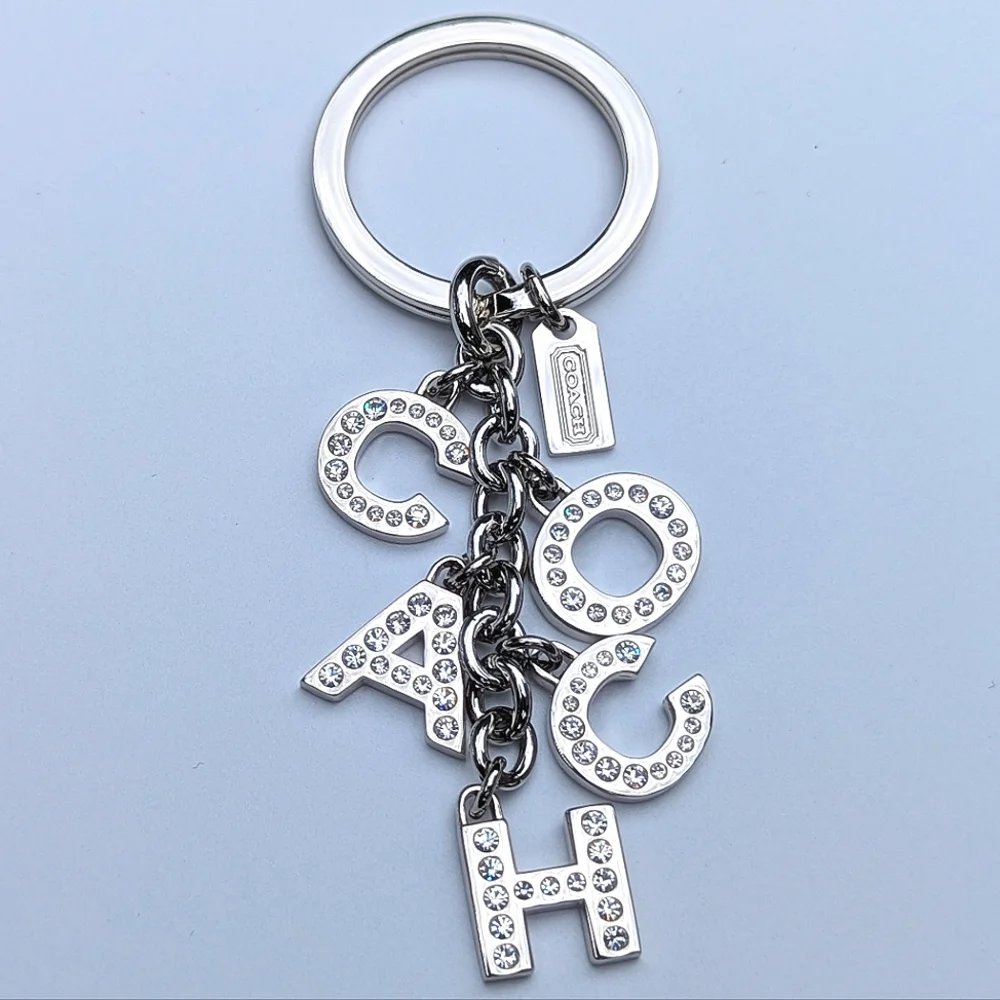 Coach Logo Alphabet Letter Bag Charm Silver Pave Crystal Keychain Pristine - Picture 2 of 7